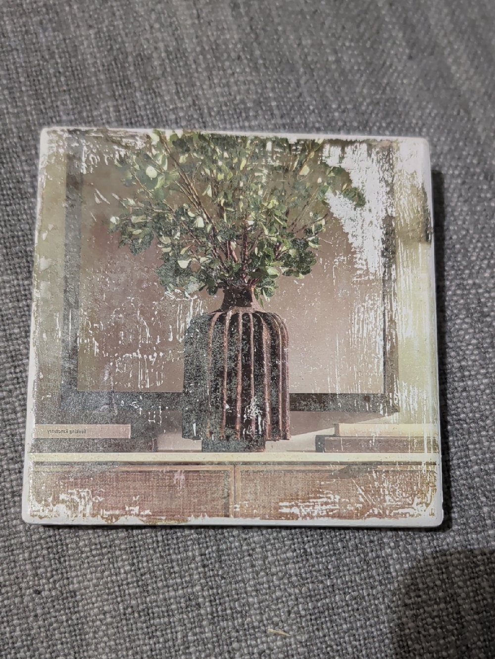 Rustic Vase Art Print Tile Coaster with Greenery Handcrafted